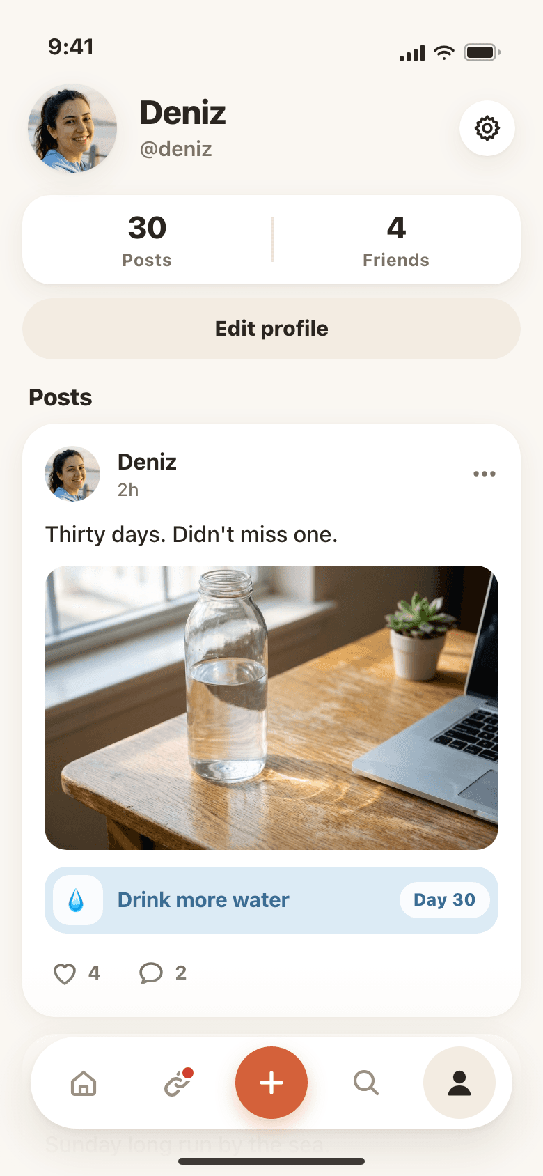 Deniz's profile: 30 posts, 4 friends, and a photo post from day 30 of the Drink more water chain.