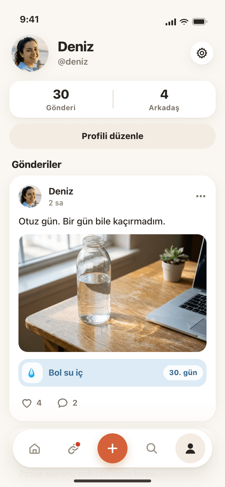 Deniz'in profili: 30 gönderi, 4 arkadaş ve Bol su iç zincirinin 30. gününden fotoğraflı bir gönderi.